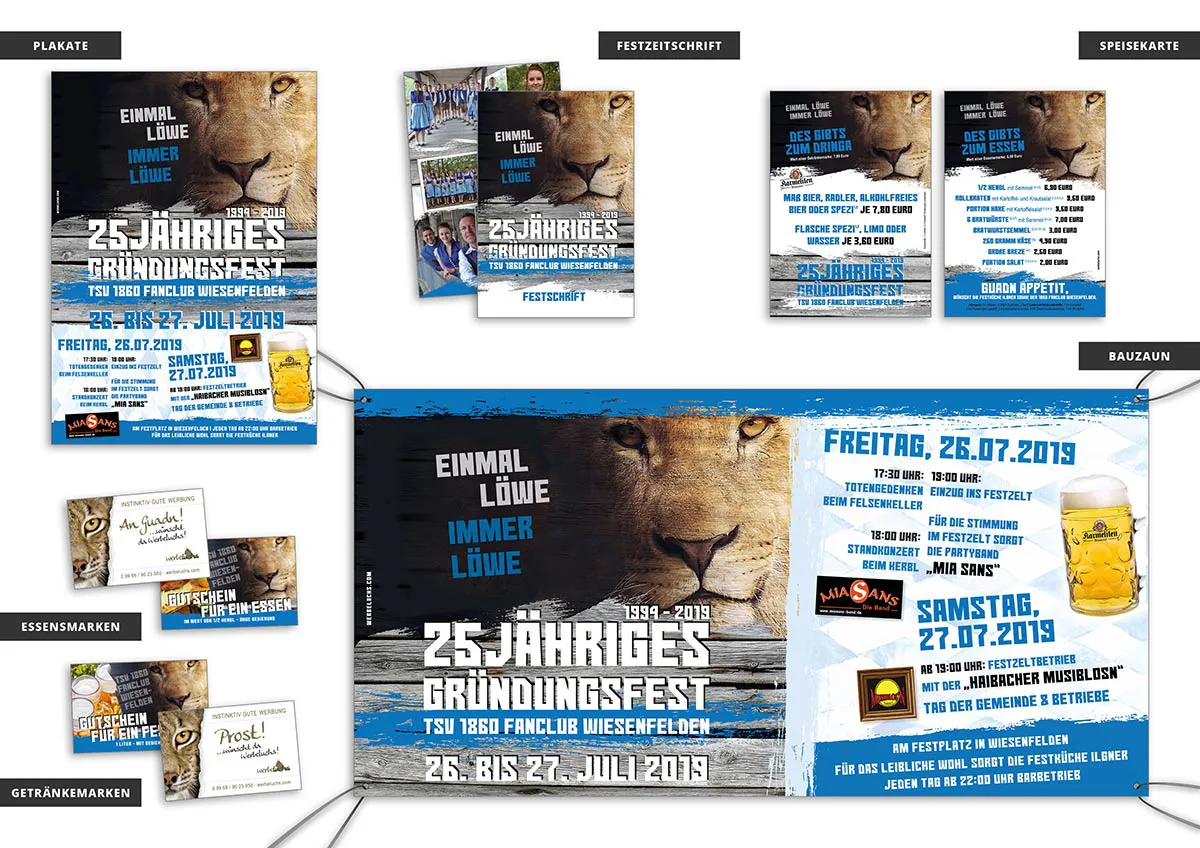 Verschiedene Werbemittel für Vereinswerbung, wie Flyer, Speisekarten und Plakate für den 1860 Fanclub