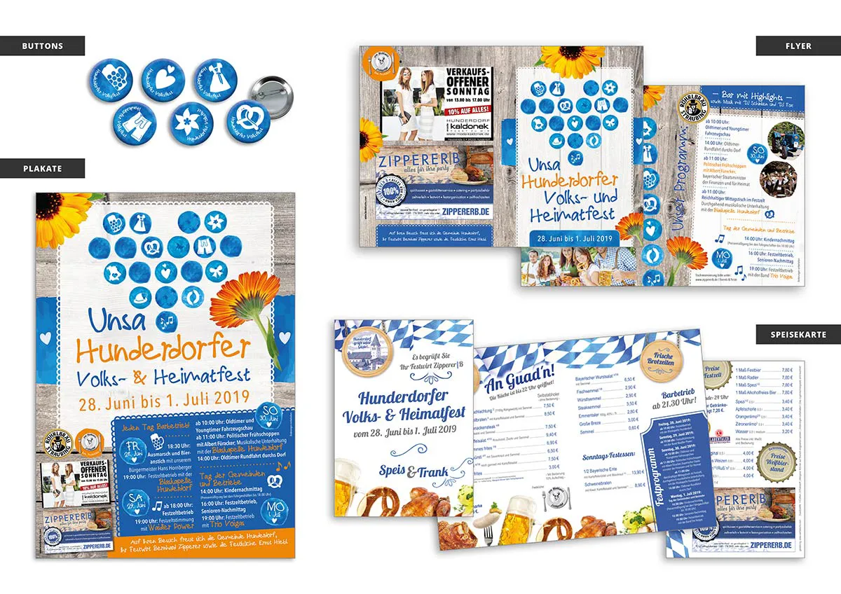 Verschiedene Werbemittel für Vereinswerbung, wie Flyer, Speisekarten, Buttons und Plakate für das Hunderdorfer Volksfest